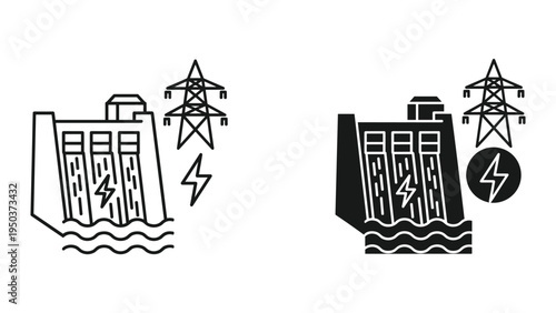 Hydroelectric Power Plant and Electricity Transmission Tower Icons - Clean Energy Concept