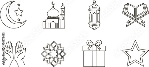 Islamic Ramadan Eid line icons set including crescent mosque lantern quran prayer hands star gift minimal outline vector illustration collection