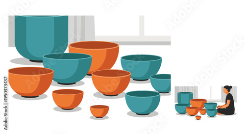 A dedicated artisan meticulously crafts an assortment of vibrant ceramic bowls, showcasing various sizes and colors in a minimalist studio setting.