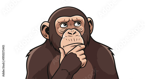 Chimpanzee Thinking Deeply, Hand on Chin, Looking Up with Contemplative Expression