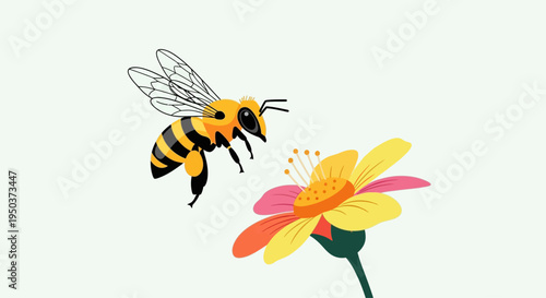 Close-up of a bee flying towards a vibrant flower, collecting nectar on a light background