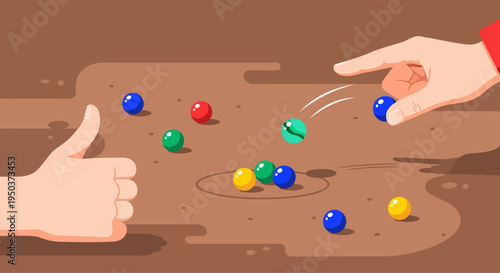 Children playing marbles game on ground, thumbs up gesture, colorful marbles, outdoor fun