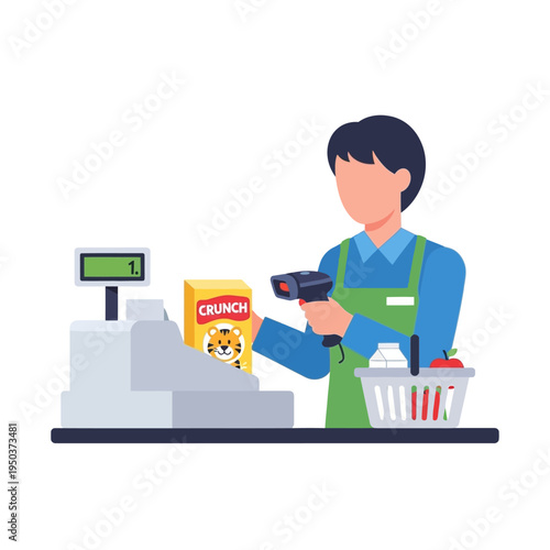 Cashier scanning groceries at checkout counter with barcode scanner and basket