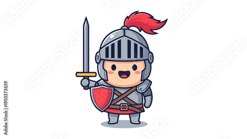 A cute cartoon illustration of a brave little knight holding a sharp sword and a red shield toy Vector