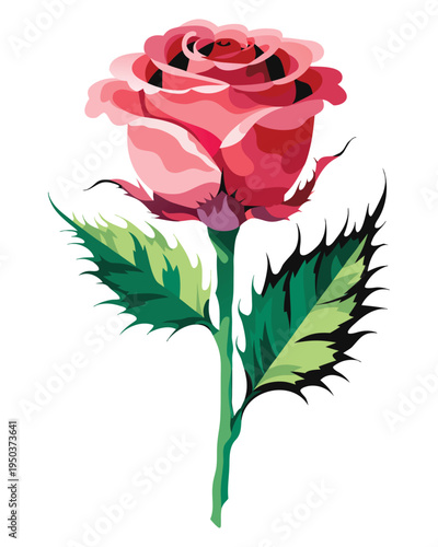 Beautiful Pink Rose Flower with Green Leaves.