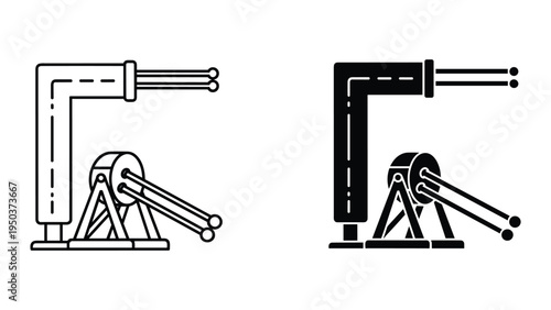 Vector Icon of a Ballista or Catapult with Two Projectiles, Line and Solid Styles