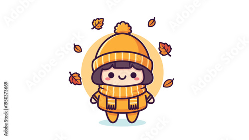 A cute cartoon character wearing a warm orange knit beanie and scarf during the autumn season Vector