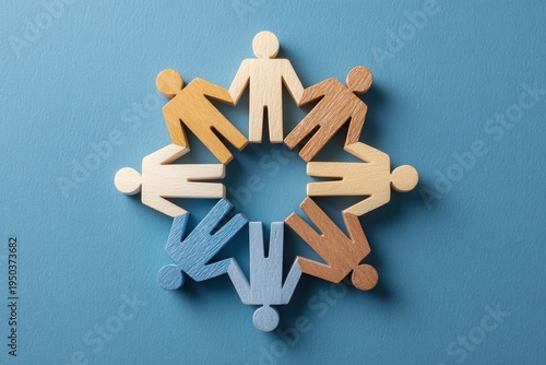 Unity in Diversity: A symbolic representation of community and cooperation, this image depicts a circle of wooden figures of various hues, hands joined in unity, set against a calming backdrop.