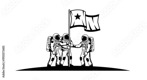 Astronauts planting flag on alien planet, space exploration, teamwork, success