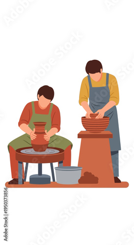 Two men crafting pottery on a wheel, hands shaping clay into art