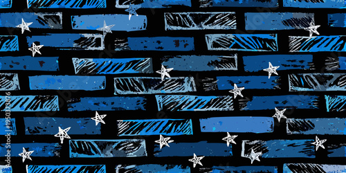 Abstract brick wall pattern with scattered white stars on a dark background