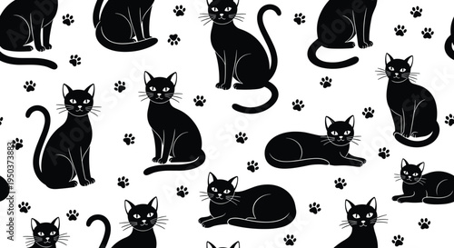Seamless pattern of black cat silhouettes in sitting and lying poses with cute paw prints isolated on white background,