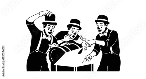 Three Clowns Performing Magic Trick with Large Drum
