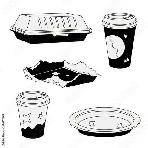Takeaway Food Containers and Coffee Cups Collection - Black and White Illustration