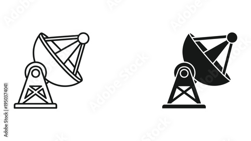 Satellite Dish Antenna Icons: Line Art and Solid Black Vector Graphics