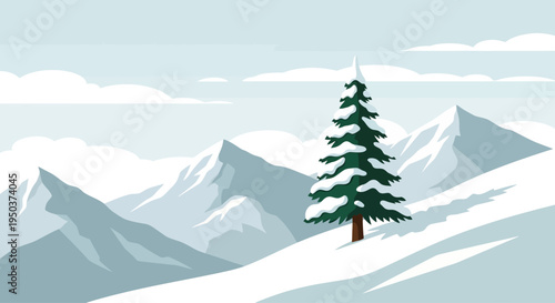 Snowy Mountain Landscape with Evergreen Tree