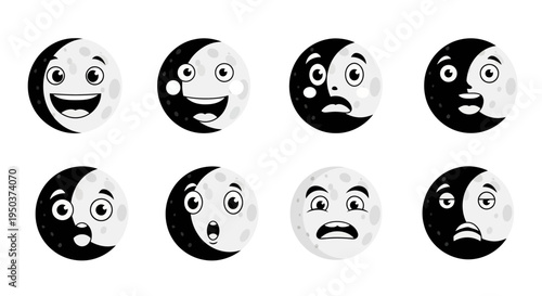 Set of Moon Phases with Funny Cartoon Faces Expressing Emotions