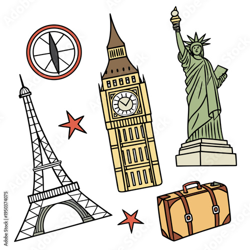 Travel icons: eiffel tower, big ben, statue of liberty, compass, and suitcase - world travel, ideal for travel agencies, blogs, and promotional materials
