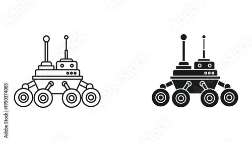 Space Rover Icons: Line Art and Silhouette of Mars Exploration Vehicle