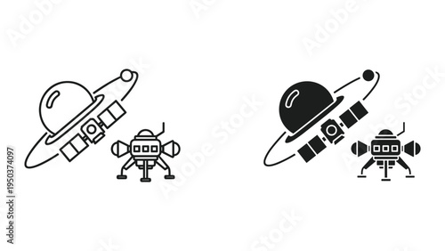 Space Exploration Icons: Planet with Satellite Orbiting and Lunar Lander with Legs Extended