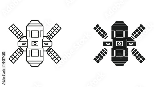 Satellite icons, line art and solid black, showing solar panels and spacecraft body, isolated on white background