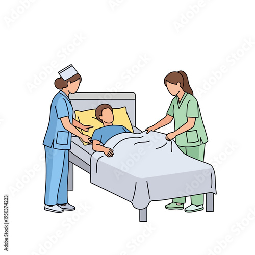 Nurses caring for patient in hospital bed, medical assistance and healthcare concept