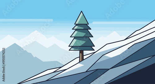 Minimalist Pixel Art Winter Landscape with Lone Pine Tree on Snowy Mountain