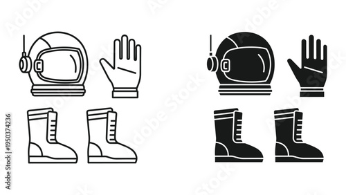 Astronaut Suit Icon Set: Helmet, Gloves, and Boots - Line Art and Silhouette Styles