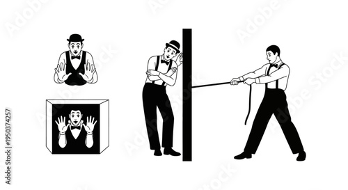 Mime Artist Trapped in Invisible Box, Pulling Rope with Friend