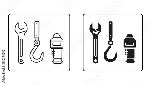Vector Icons of Tools: Wrench, Hook and Grip Pliers in Outline and Silhouette