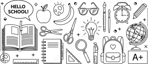 Mega collection of black and white school supply doodles featuring books backpack globe clock and stationary isolated on white background,