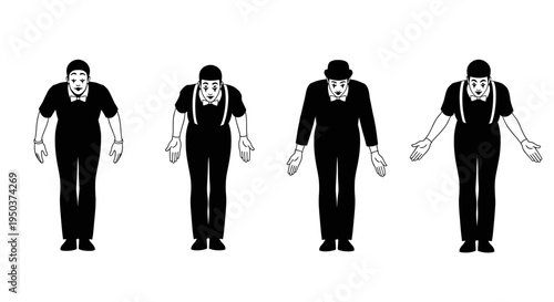 Mime Artists Performing Bowing Gestures in Sequence, Black and White
