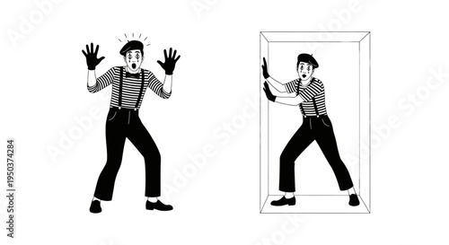 Mime Artist Trapped in Invisible Box, Expressing Shock and Confusion