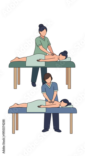 Massage therapy: two women receiving back massages on massage tables
