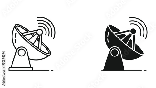 Satellite Dish Icon: Line Art and Silhouette for Communication and Technology