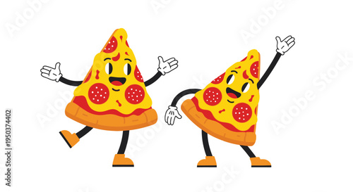 Happy Pepperoni Pizza Slices Dancing Together, Cartoon Style