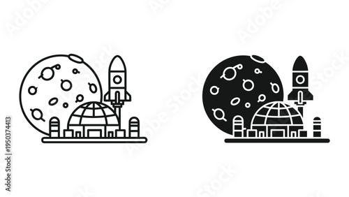 Space Station and Rocket Launch Icon Set - Moon, Globe, Habitat, and Rocket