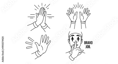 High Five, Applause, Shushing, Bravo Job - Hand Gestures Set, Line Art