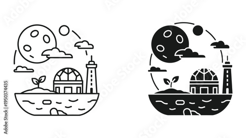 Futuristic Ecological Island with Greenhouse, Lighthouse, Moon, and Plant Growth Icons