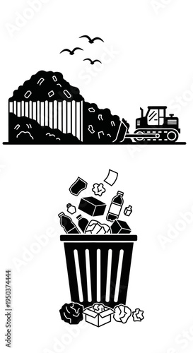 Garbage disposal and recycling bin with waste, landfill and bulldozer