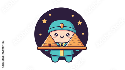 A cute cartoon character holding a tray with two miniature golden pyramids against a starry night Vector