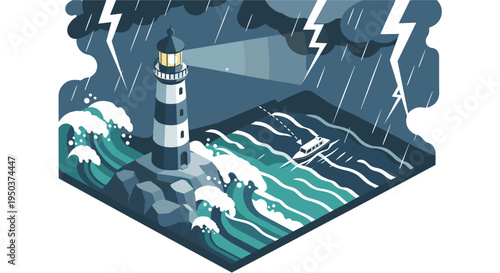 A powerful lighthouse illuminates a stormy sea with crashing waves and lightning, offering guidance and safety amidst a perilous night.