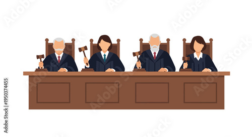 Four Judges in Courtroom, Gavel in Hand, Justice System Concept