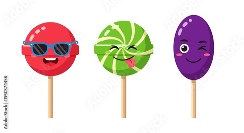 Funny Lollipops Characters with Faces and Sunglasses, Sweet Candy Collection