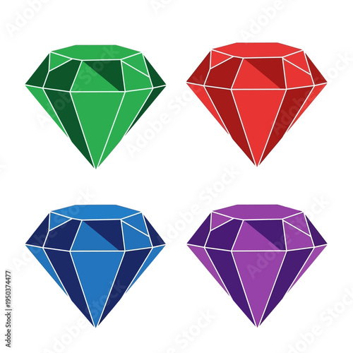 Four Colorful Gemstones: Emerald, Ruby, Sapphire, Amethyst - Isolated on White