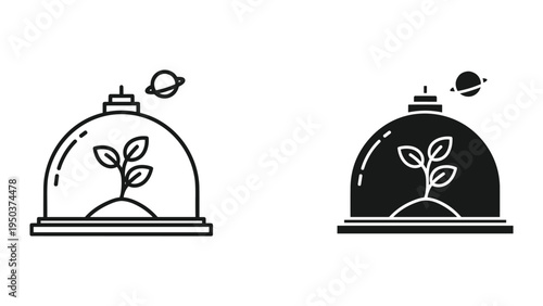 Space Botany: Plant Growing in Dome on Alien Planet with Saturn-like Ringed Planet