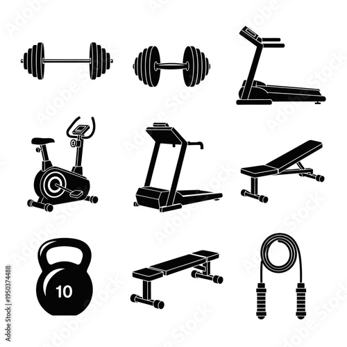 Fitness Equipment Icons: Dumbbells, Treadmills, Benches, Kettlebell, Jump Rope, Exercise Bike