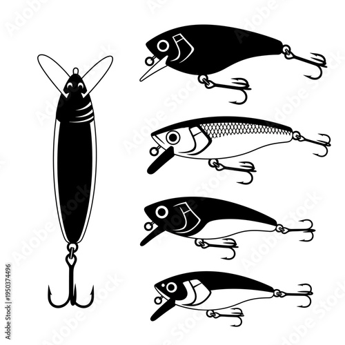 Fishing Lures Set: Black and White Illustrations of Various Fishing Baits
