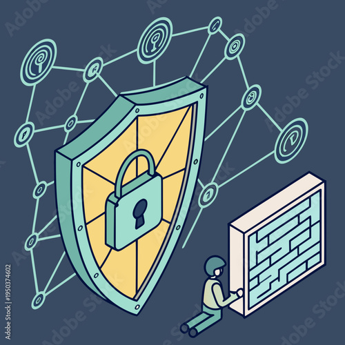 Network security concept: person facing a maze-like firewall and a large shield with padlock, abstract network lines background, image symbolizes protection against digital threats and securing