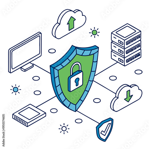 Cloud security and data management concept: servers, network switch, computer, and shield with padlock icon, isometric illustration, visual represents secure data storage, network protection, and it